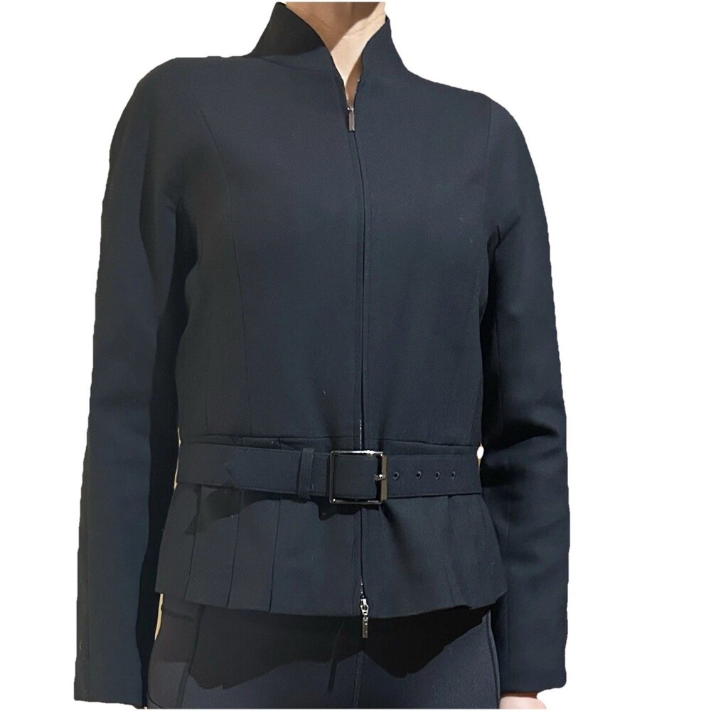 Doncaster Blazer Size 4 Black Quiet Luxury Wool Blend Belted Pleated Suit Coat